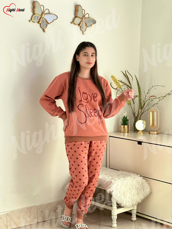 Women Winter Fleece Love Sleep Printed Night Suit