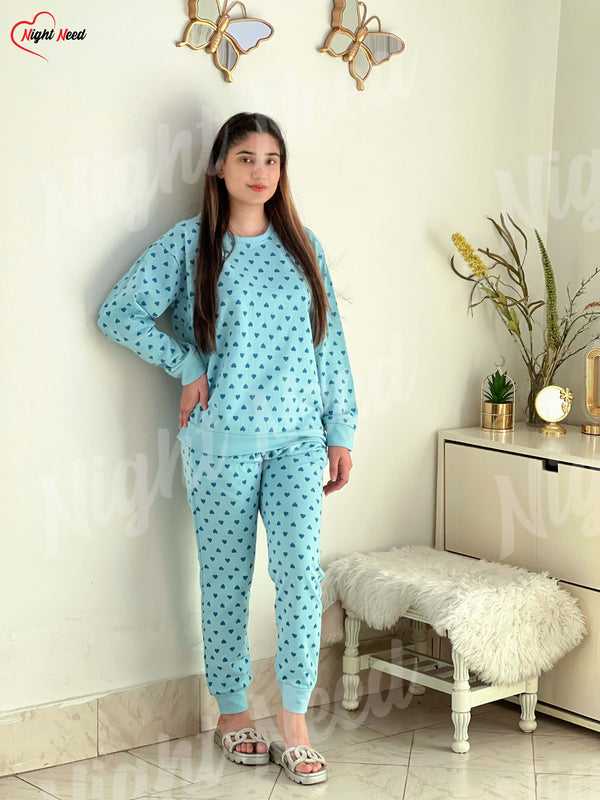 Women Winter Fleece Blue Heart Printed Night Suit