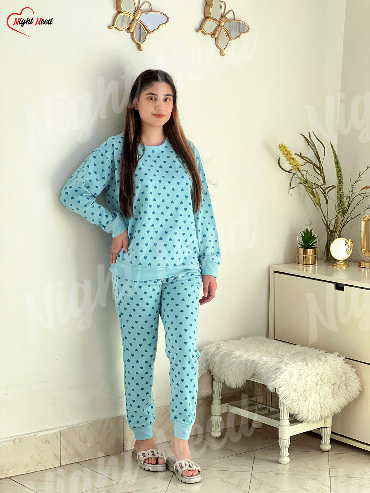 Women Winter Fleece Blue Heart Printed Night Suit Night Need