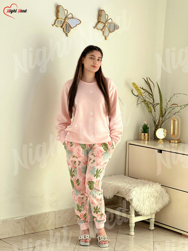 Women Winter Fleece Peach Pajama Printed Night Suit