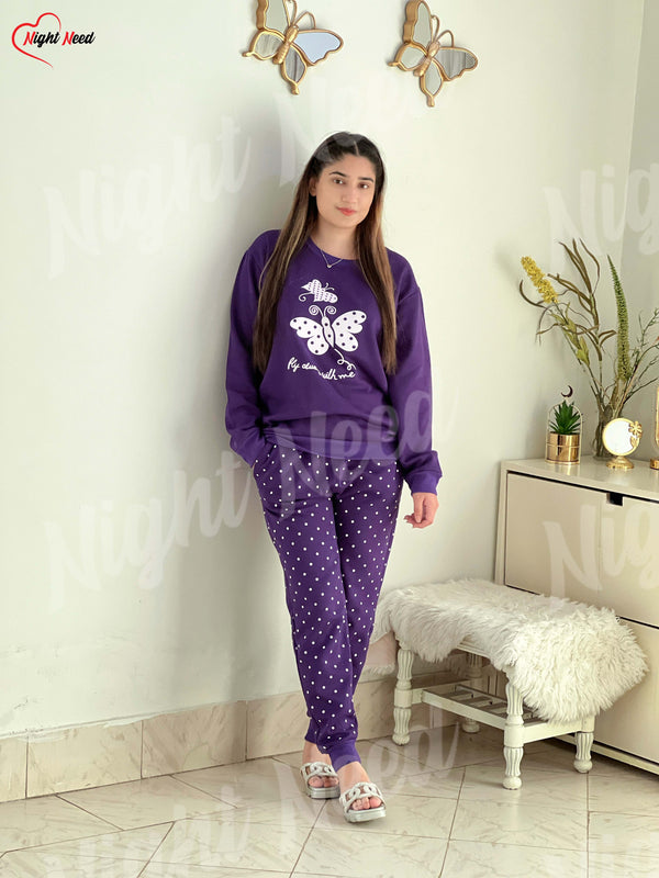 Women Winter Fleece Purple Butterfly Printed Night Suit