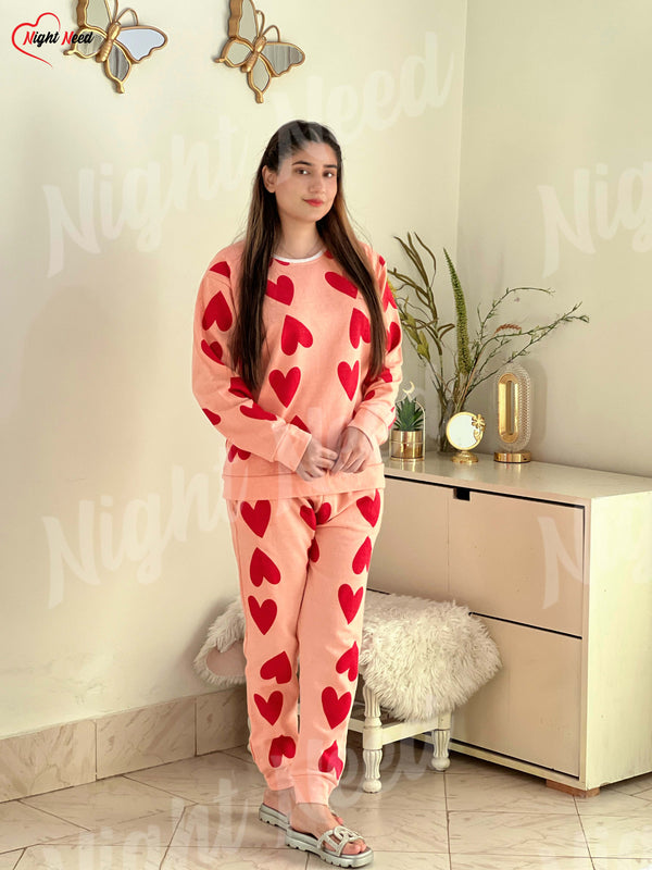 Women Winter Fleece Pink Dilber Printed Night Suit