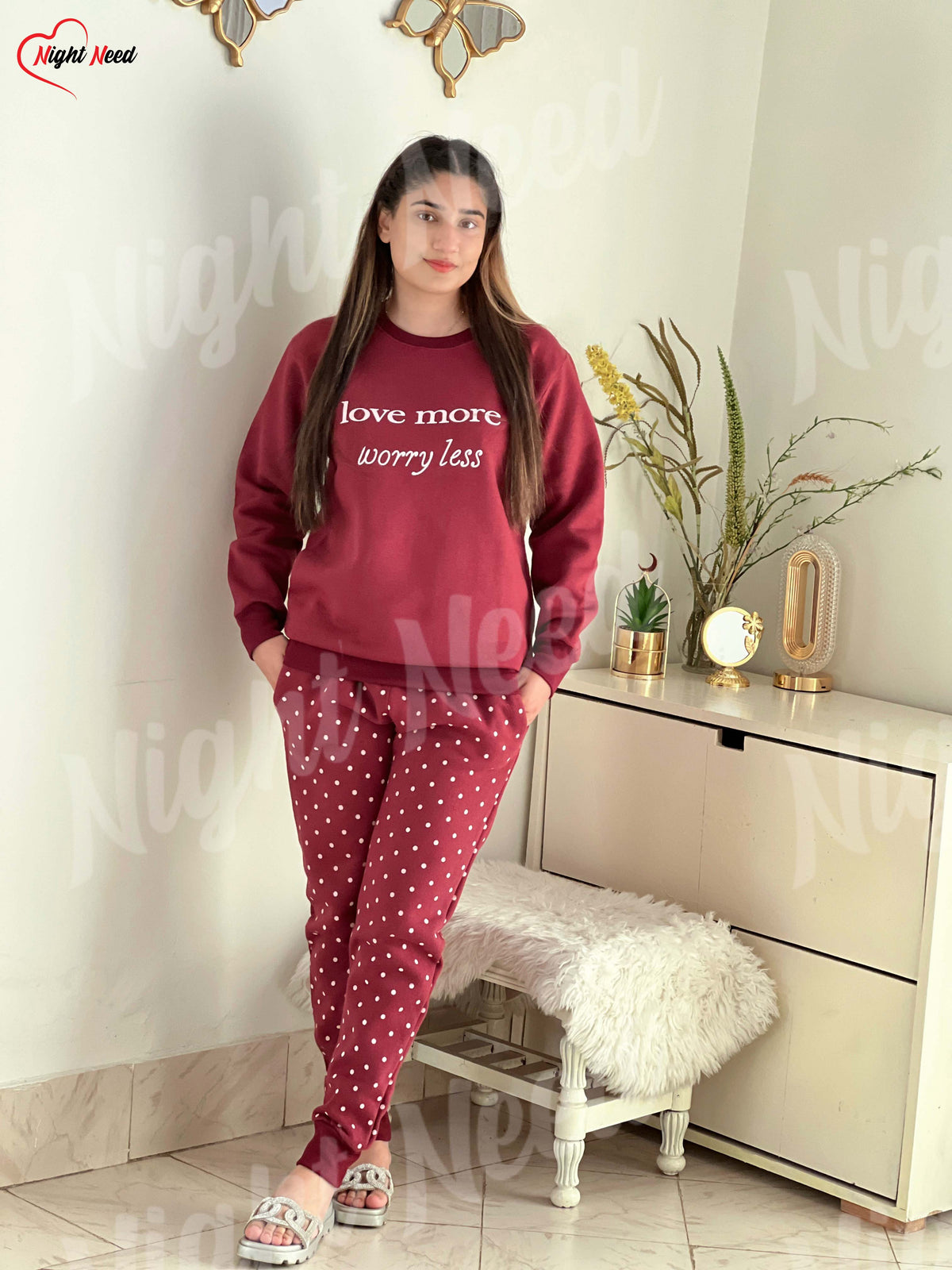 Women Winter Fleece Love More Printed Night Suit Night Need