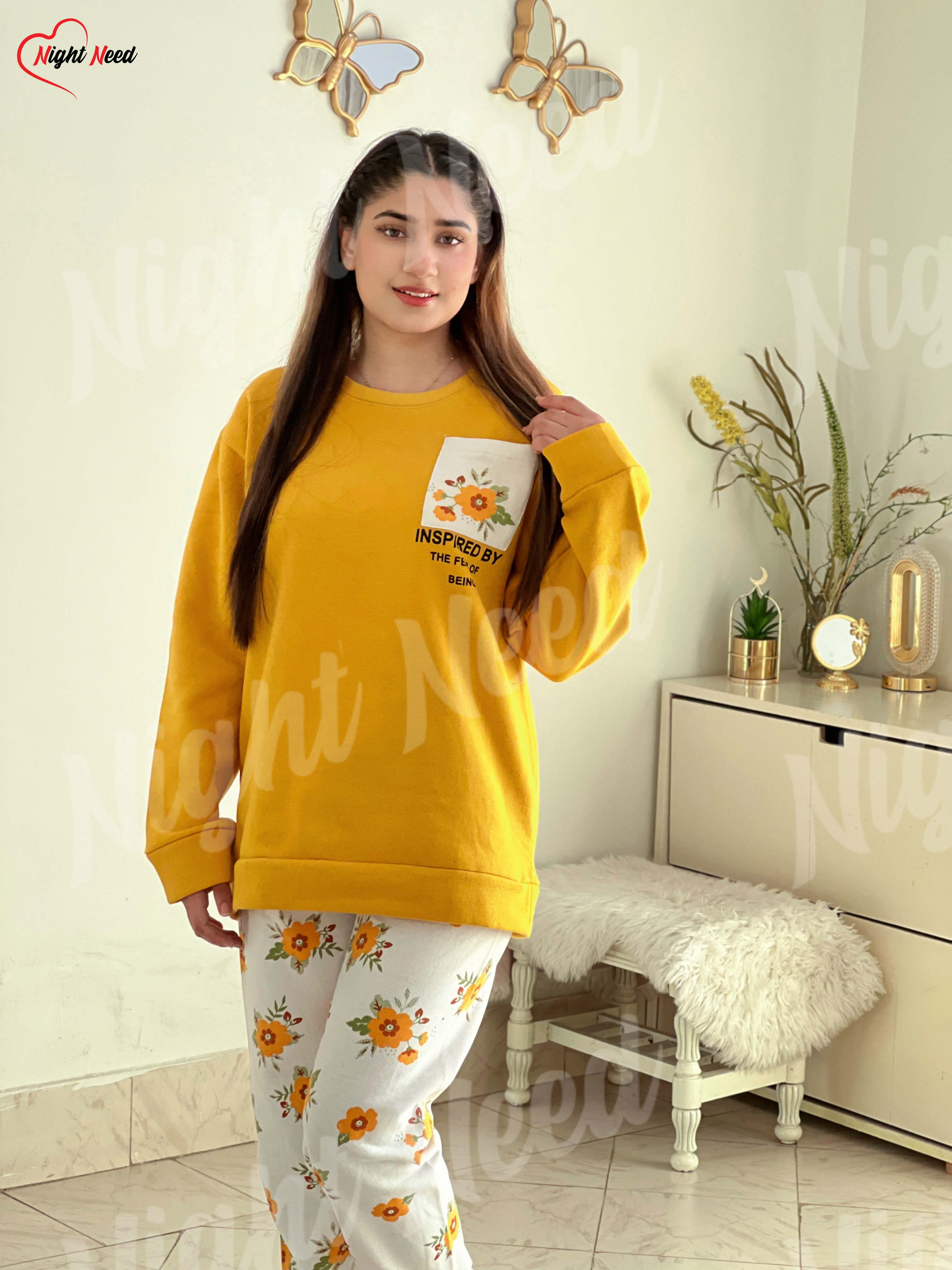 Women Winter Fleece Yellow Pocket Printed Night Suit Night Need