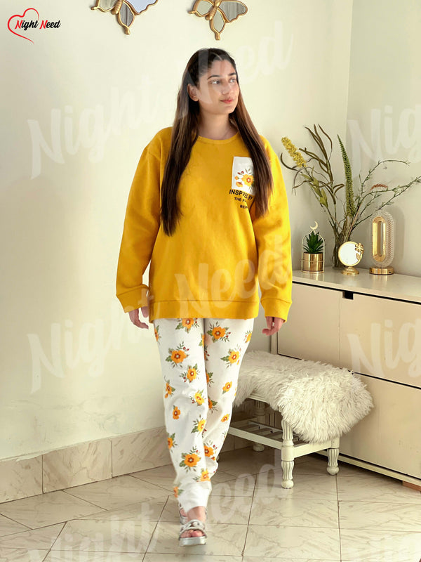 Women Winter Fleece Yellow Pocket Printed Night Suit