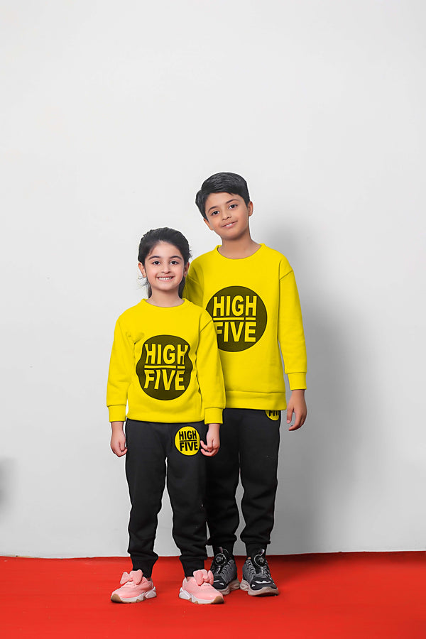 Fleece Fabric Yellow High Five Printed Kids Winter Suit ( Each )